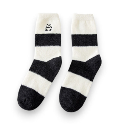 Anna-Kaci 3-Pair Plush Home Socks Striped Panda Design Cozy Crew Style for Everyday Comfort