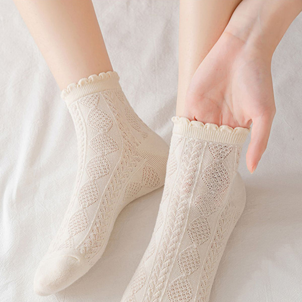 Anna-Kaci Women's 3 Pairs Textured Diamond Socks with Knitted Pattern and Scalloped Trim