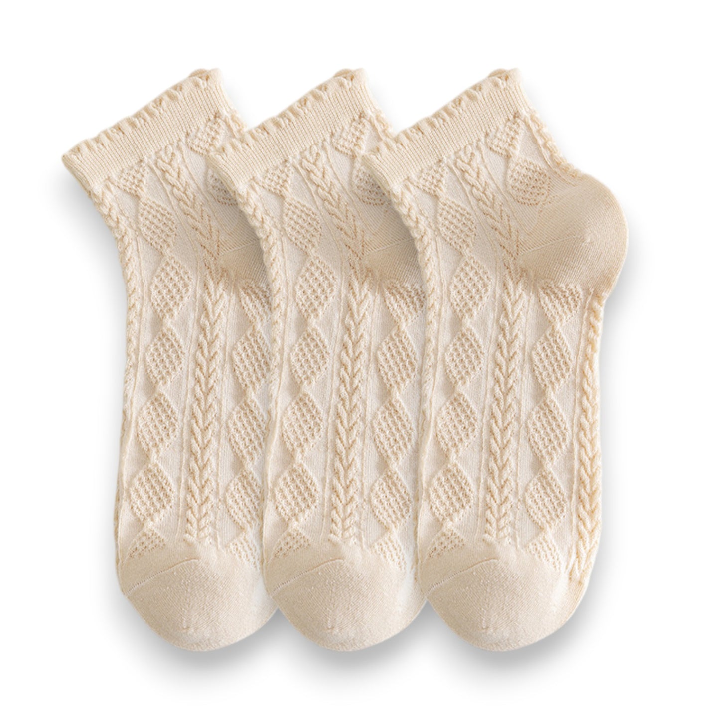 Anna-Kaci Women's 3 Pairs Textured Diamond Socks with Knitted Pattern and Scalloped Trim