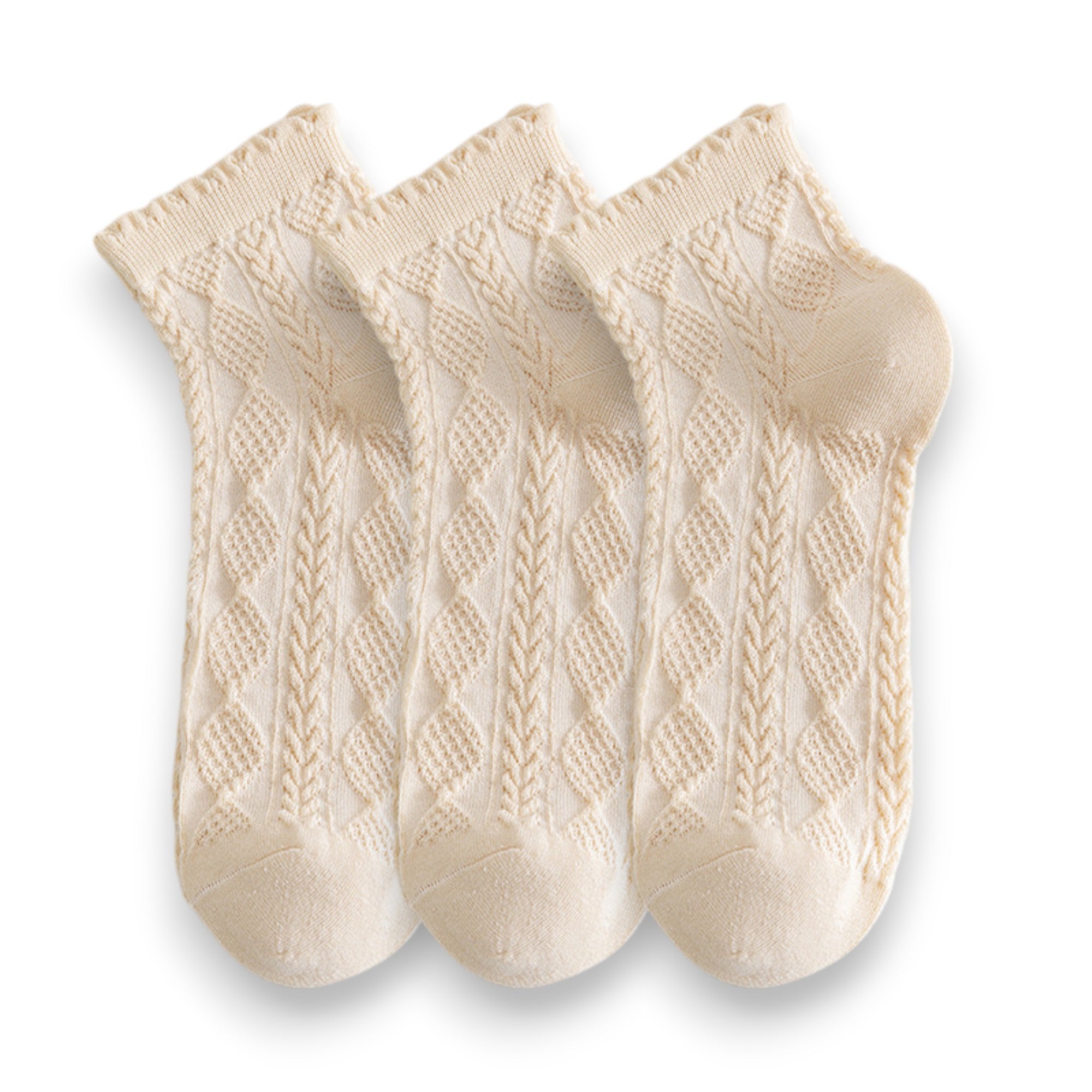 Anna-Kaci Women's 3 Pairs Textured Diamond Socks with Knitted Pattern and Scalloped Trim