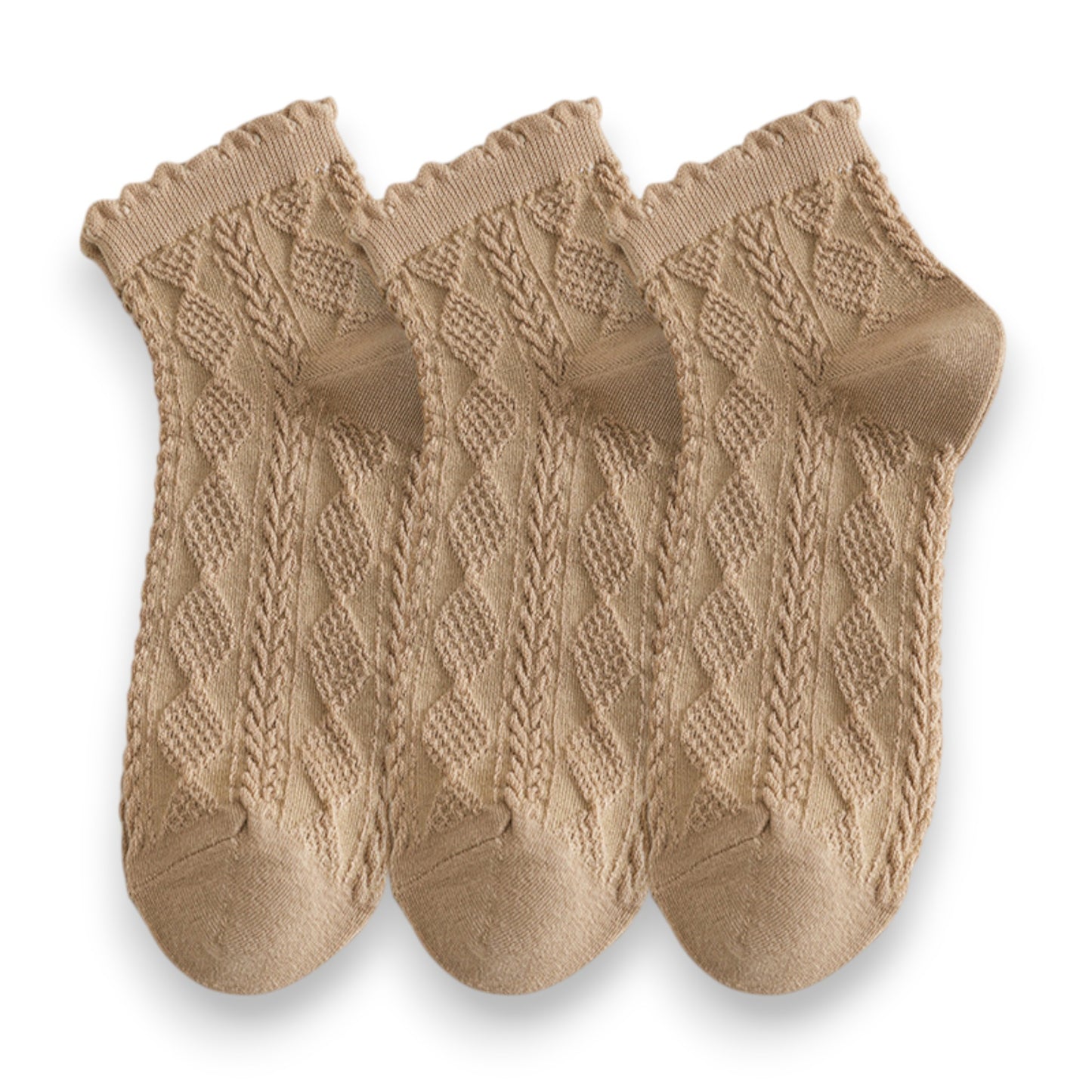 Anna-Kaci Women's 3 Pairs Textured Diamond Socks with Knitted Pattern and Scalloped Trim