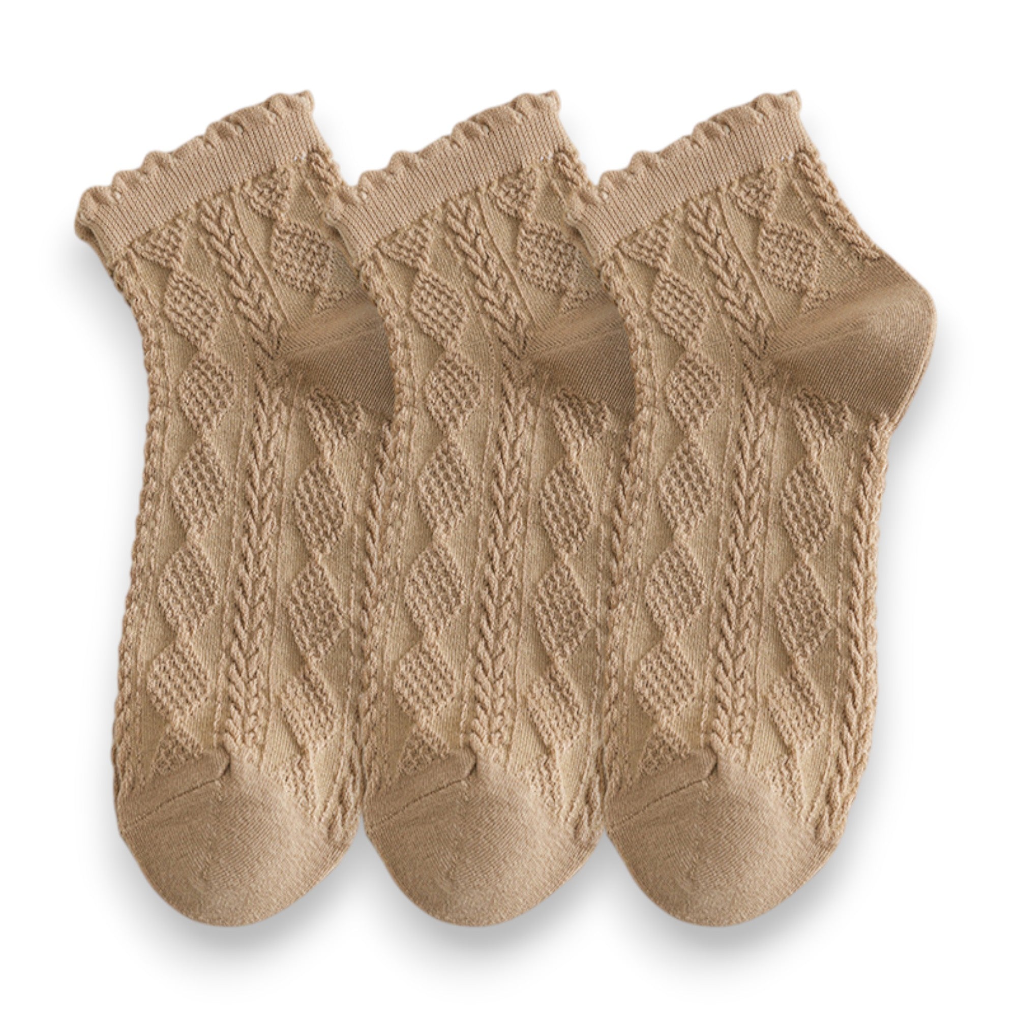 Anna-Kaci Women's 3 Pairs Textured Diamond Socks with Knitted Pattern and Scalloped Trim