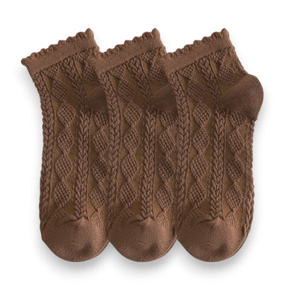 Anna-Kaci Women's 3 Pairs Textured Diamond Socks with Knitted Pattern and Scalloped Trim