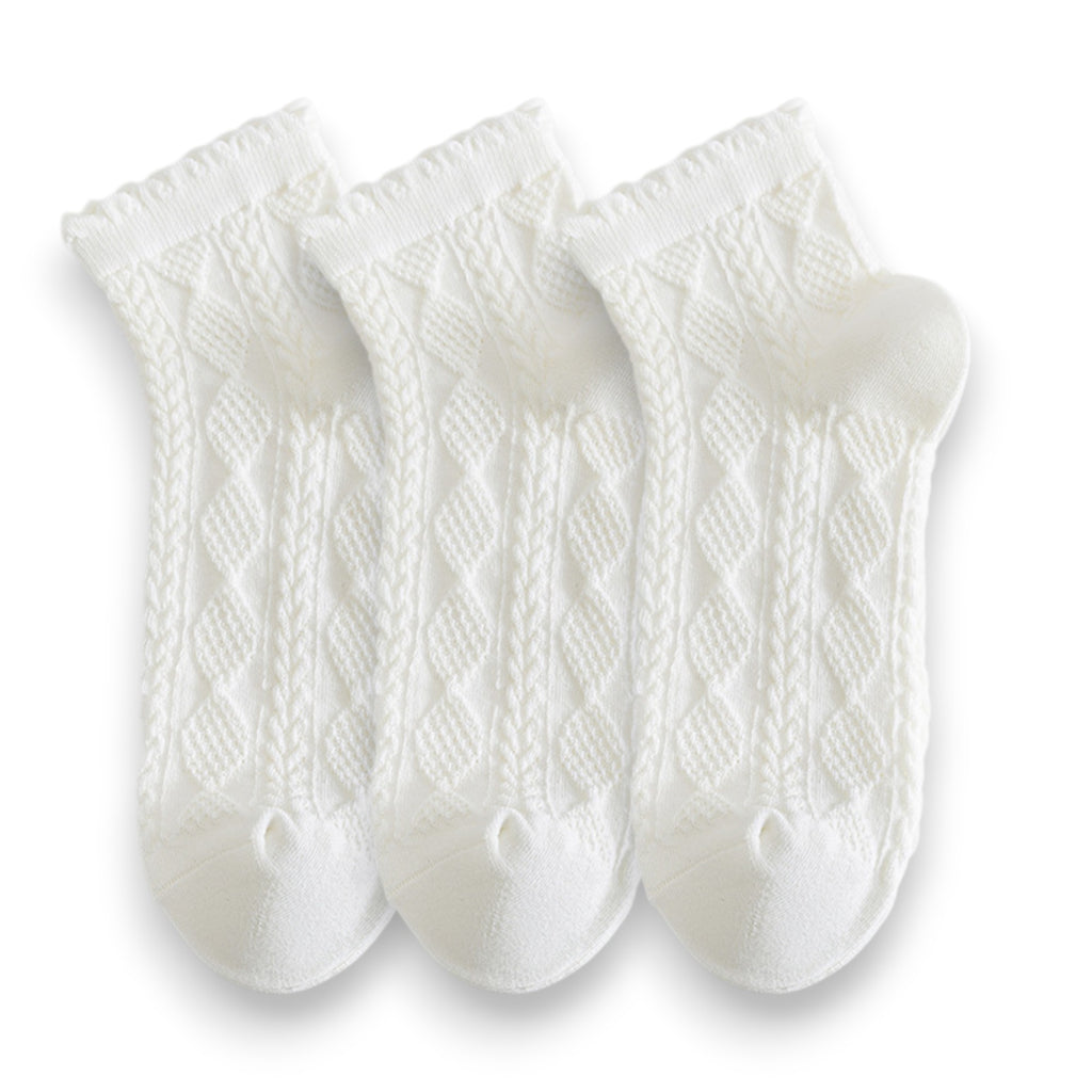Anna-Kaci Women's 3 Pairs Textured Diamond Socks with Knitted Pattern and Scalloped Trim