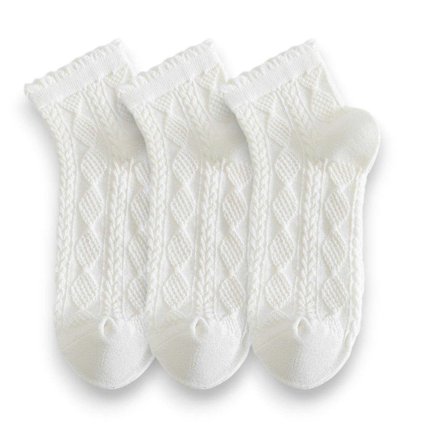 Anna-Kaci Women's 3 Pairs Textured Diamond Socks with Knitted Pattern and Scalloped Trim
