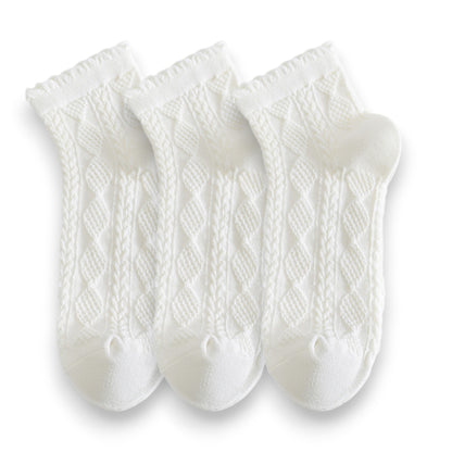 Anna-Kaci Women's 3 Pairs Textured Diamond Socks with Knitted Pattern and Scalloped Trim