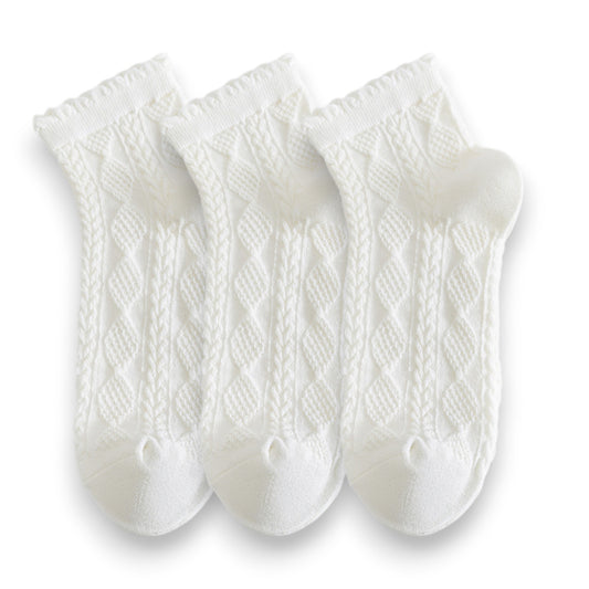 Anna-Kaci Women's 3 Pairs Textured Diamond Socks with Knitted Pattern and Scalloped Trim