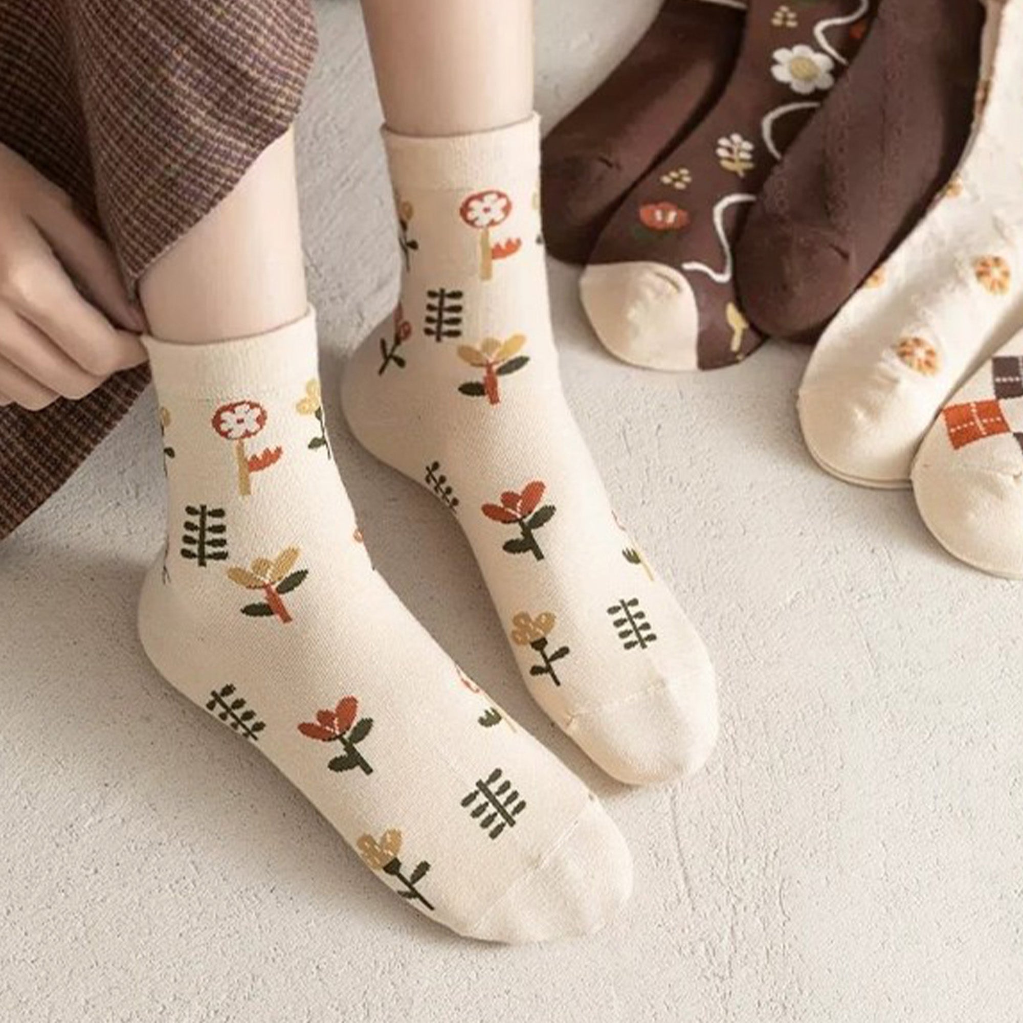 Anna-Kaci Women's 3-Pair Cotton Crew Socks Set with Checkered and Flower Textured Knit Patterns