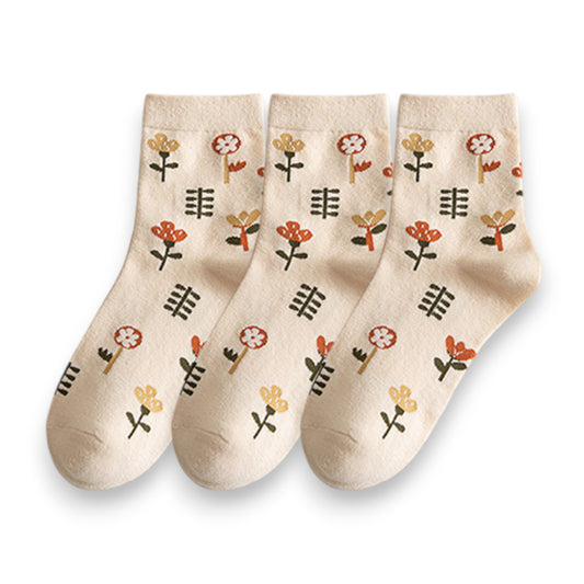 Anna-Kaci Women's 3-Pair Cotton Crew Socks Set with Checkered and Flower Textured Knit Patterns