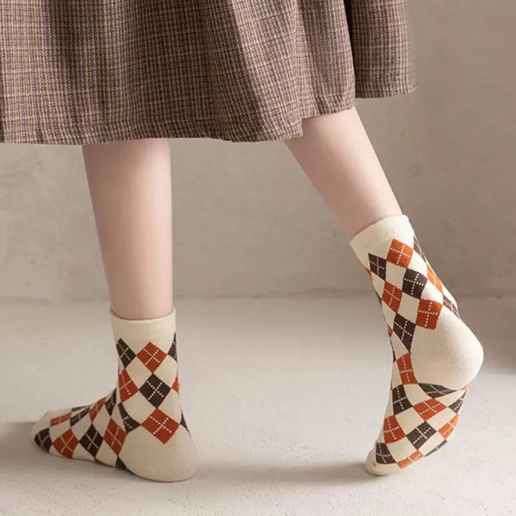 Anna-Kaci Women's 3-Pair Cotton Crew Socks Set with Checkered and Flower Textured Knit Patterns