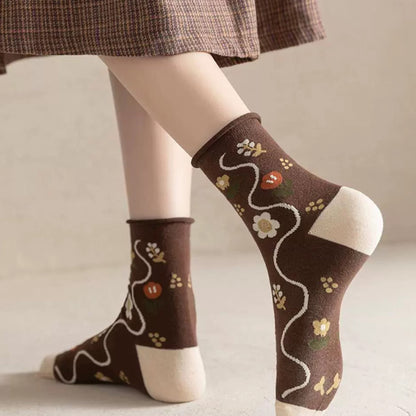 Anna-Kaci Women's 3-Pair Cotton Crew Socks Set with Checkered and Flower Textured Knit Patterns