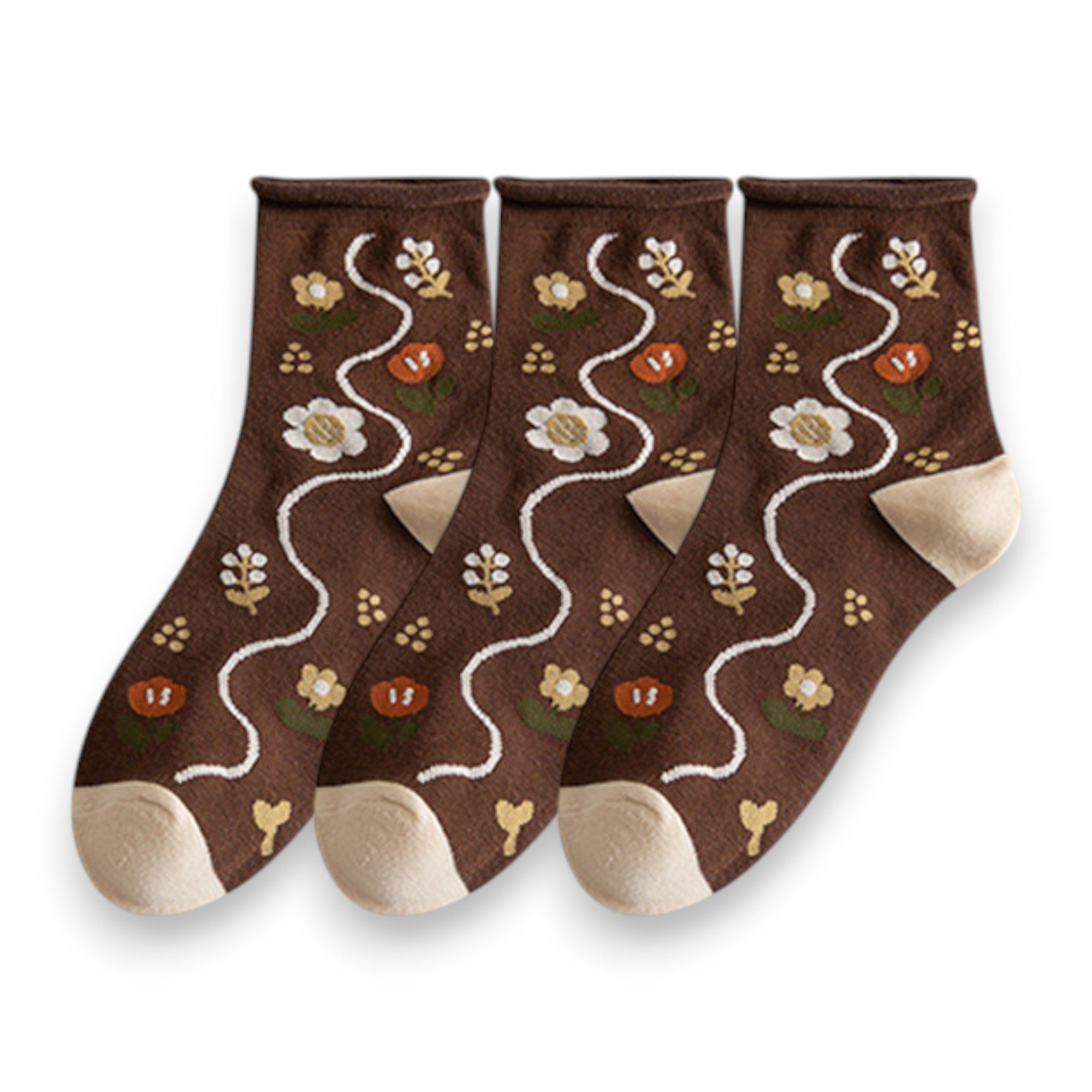 Anna-Kaci Women's 3-Pair Cotton Crew Socks Set with Checkered and Flower Textured Knit Patterns