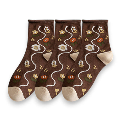 Anna-Kaci Women's 3-Pair Cotton Crew Socks Set with Checkered and Flower Textured Knit Patterns