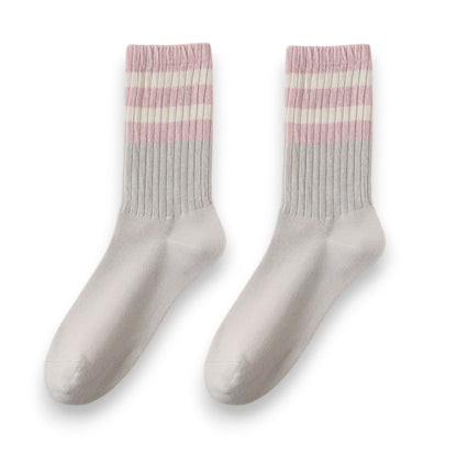 Anna-Kaci Women¡¯s 3-Pack Mid Crew Cotton Socks with Striped Cuffs Ribbed Knit Casual and Easy Matching