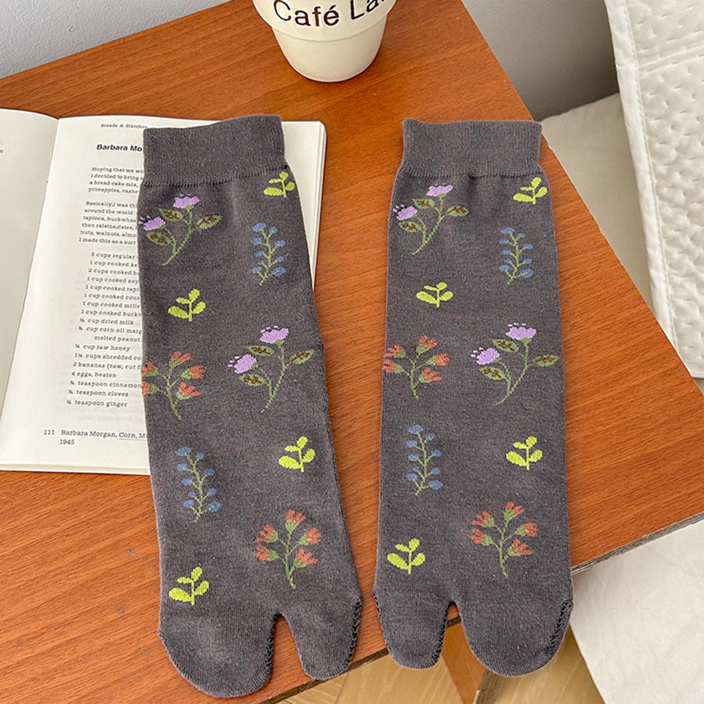 Anna-Kaci Women's 3 Pairs Floral Patterned Split-Toe Socks Soft Cotton Stretch Knit Crew Style