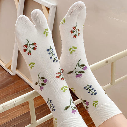 Anna-Kaci Women's 3 Pairs Floral Patterned Split-Toe Socks Soft Cotton Stretch Knit Crew Style