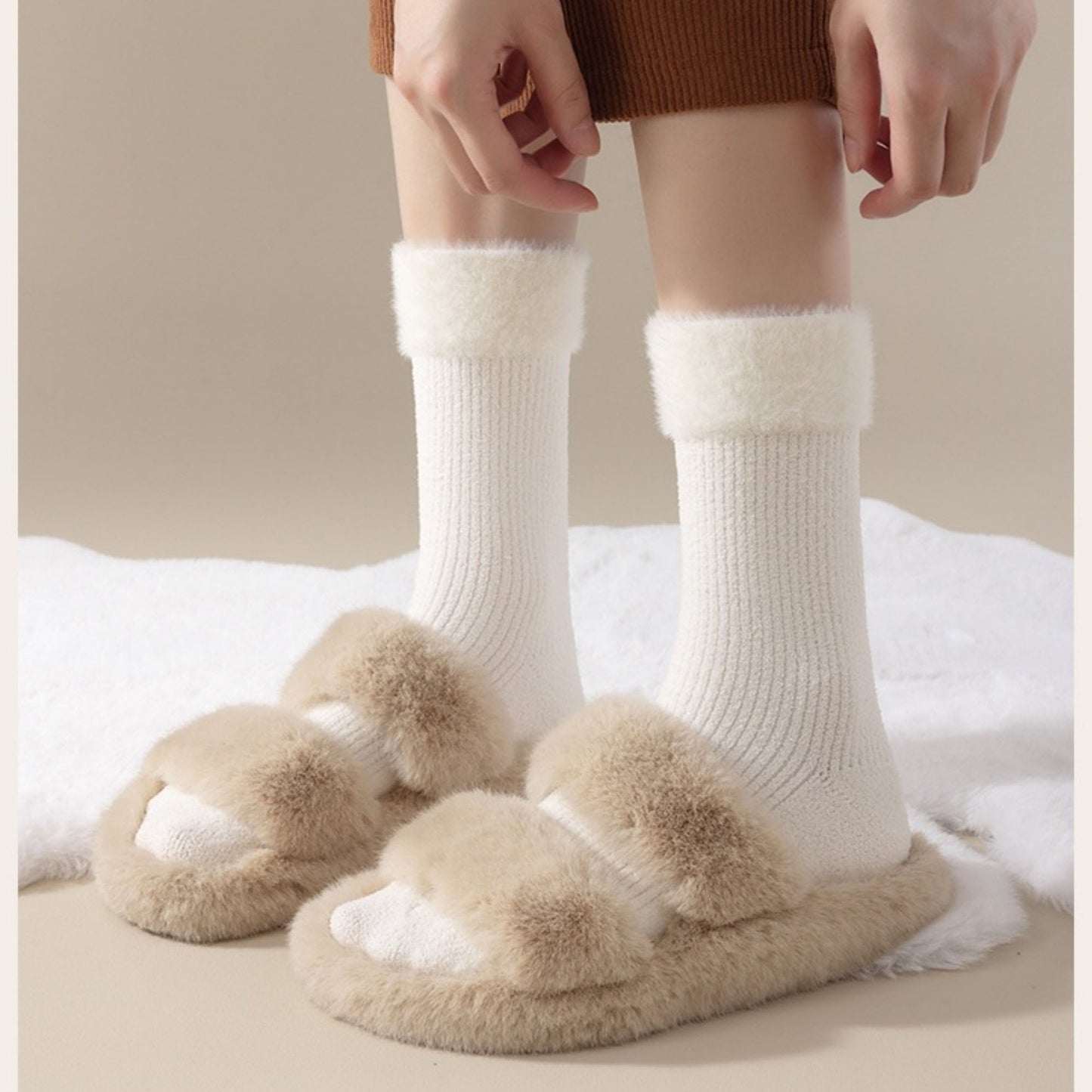 Anna-Kaci Women's 3-Pair Plush Cuffed Crew Socks Soft Knit Ribbed Design Comfortable Everyday Wear