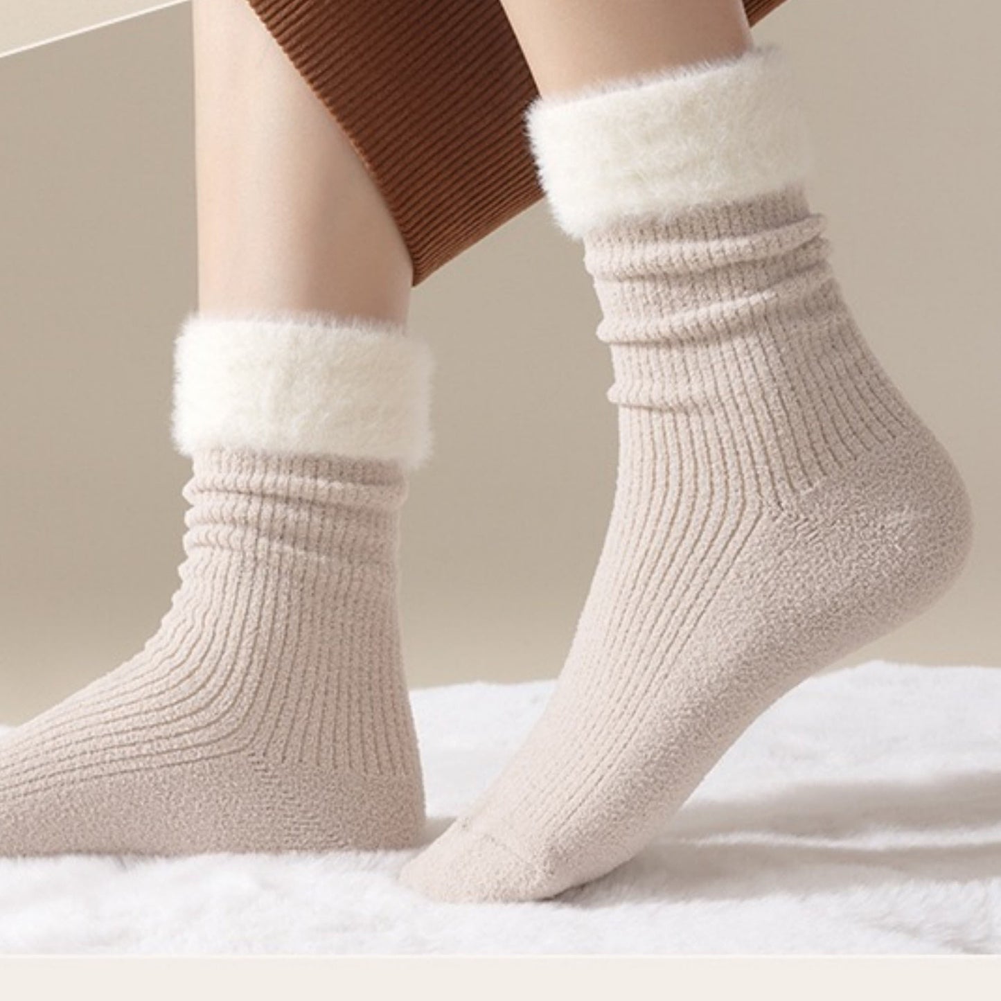 Anna-Kaci Women's 3-Pair Plush Cuffed Crew Socks Soft Knit Ribbed Design Comfortable Everyday Wear