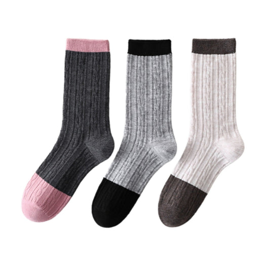 Anna-Kaci Women's 3 Pair Cable Knit Crew Socks with Contrast Color Block Design and Soft Stretch Comfort