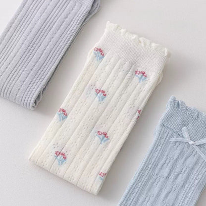 Anna-Kaci Women's 3 Pair Pack Quarter Socks with Knit Patterns Lace Trim and Bow Detail