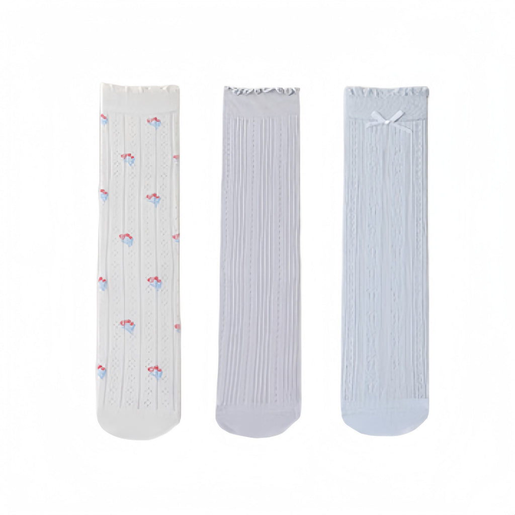 Anna-Kaci Women's 3 Pair Pack Quarter Socks with Knit Patterns Lace Trim and Bow Detail