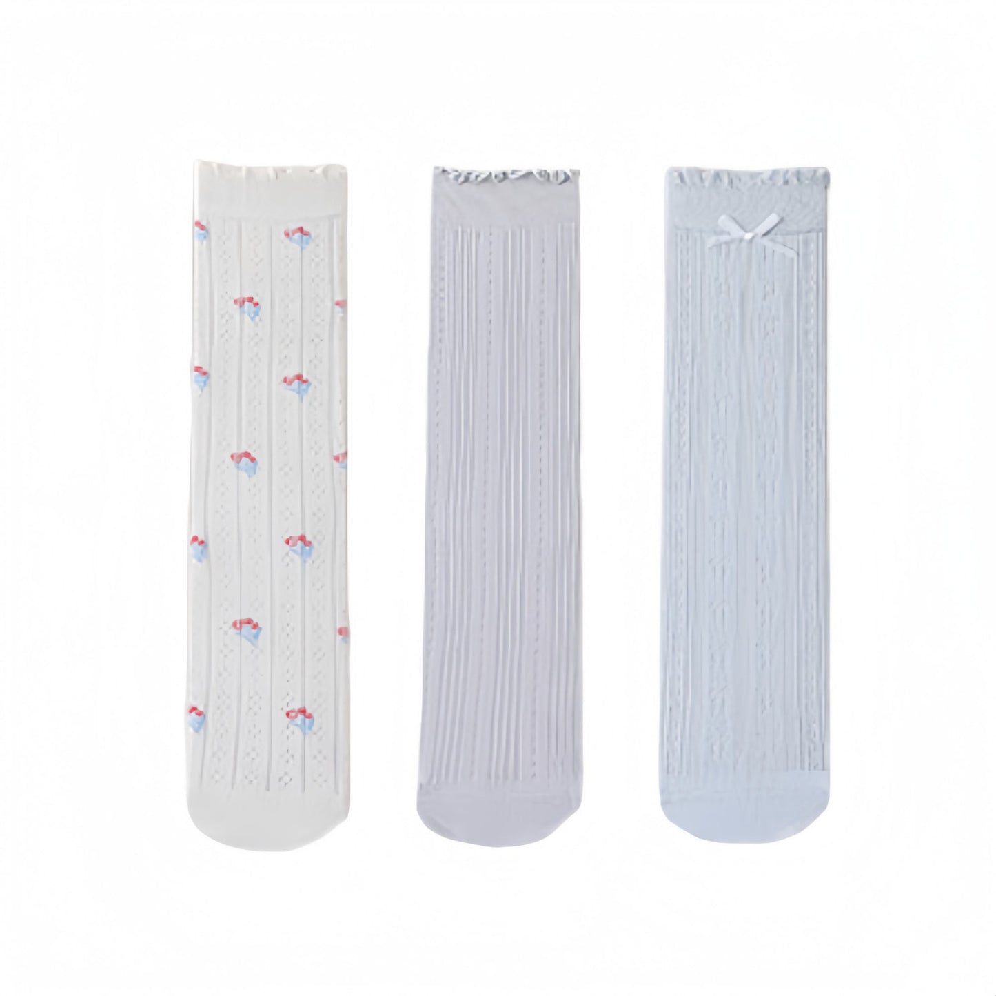 Anna-Kaci Women's 3 Pair Pack Quarter Socks with Knit Patterns Lace Trim and Bow Detail