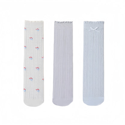 Anna-Kaci Women's 3 Pair Pack Quarter Socks with Knit Patterns Lace Trim and Bow Detail