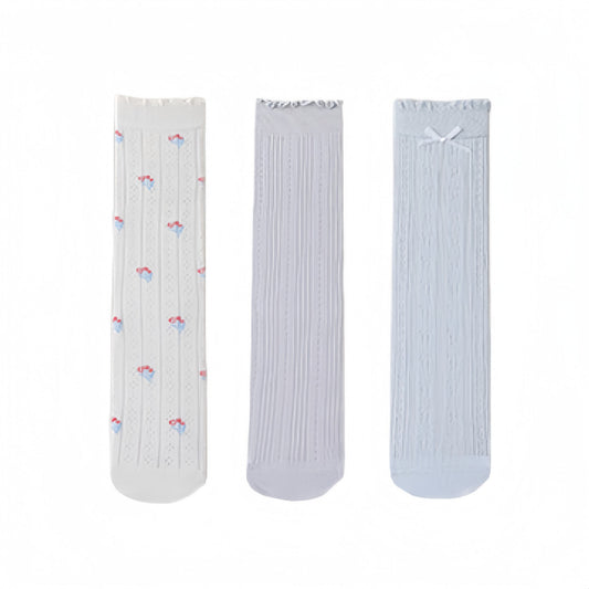 Anna-Kaci Women's 3 Pair Pack Quarter Socks with Knit Patterns Lace Trim and Bow Detail