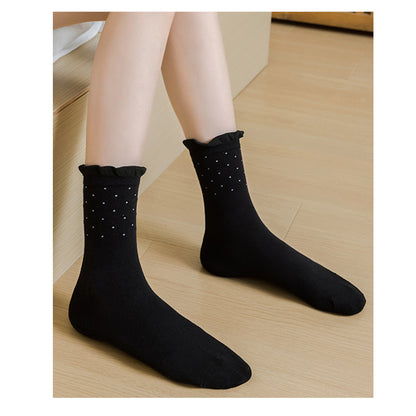 Anna-Kaci Women's 4 Pairs Knit Socks with Polka Dot Design Ruffle Edge Ribbed Cuffs Soft Stretch Fabric