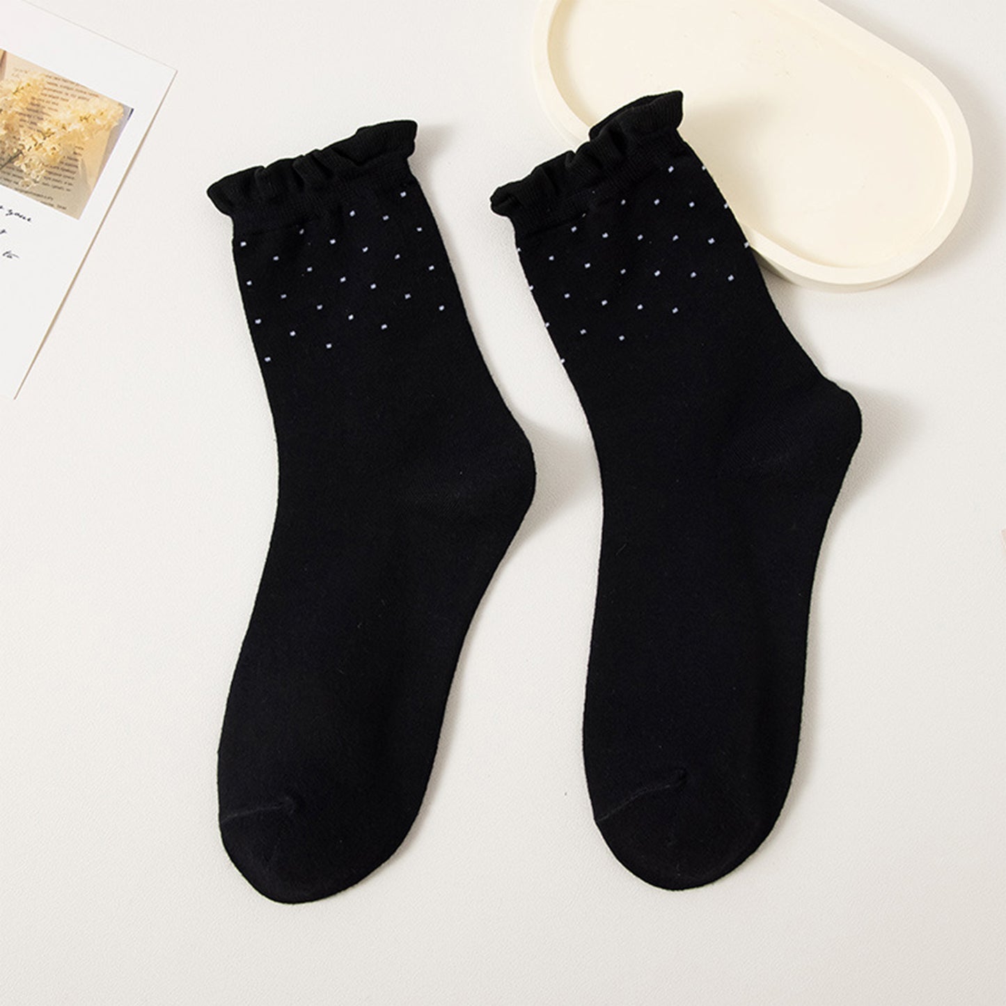 Anna-Kaci Women's 4 Pairs Knit Socks with Polka Dot Design Ruffle Edge Ribbed Cuffs Soft Stretch Fabric