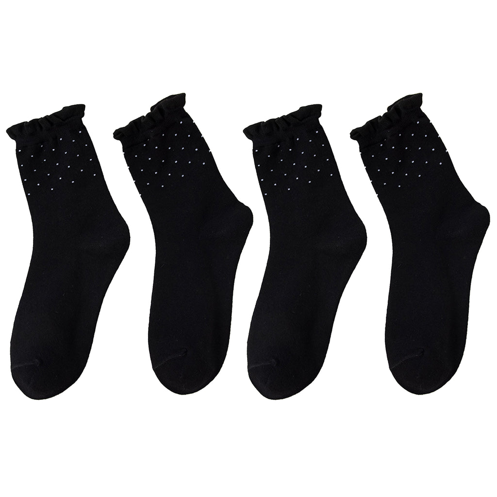 Anna-Kaci Women's 4 Pairs Knit Socks with Polka Dot Design Ruffle Edge Ribbed Cuffs Soft Stretch Fabric