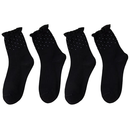 Anna-Kaci Women's 4 Pairs Knit Socks with Polka Dot Design Ruffle Edge Ribbed Cuffs Soft Stretch Fabric
