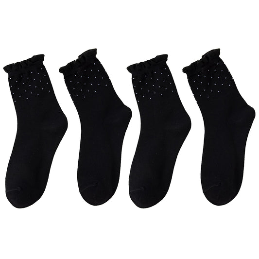 Anna-Kaci Women's 4 Pairs Knit Socks with Polka Dot Design Ruffle Edge Ribbed Cuffs Soft Stretch Fabric