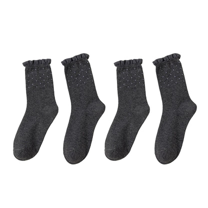 Anna-Kaci Women's 4 Pairs Knit Socks with Polka Dot Design Ruffle Edge Ribbed Cuffs Soft Stretch Fabric
