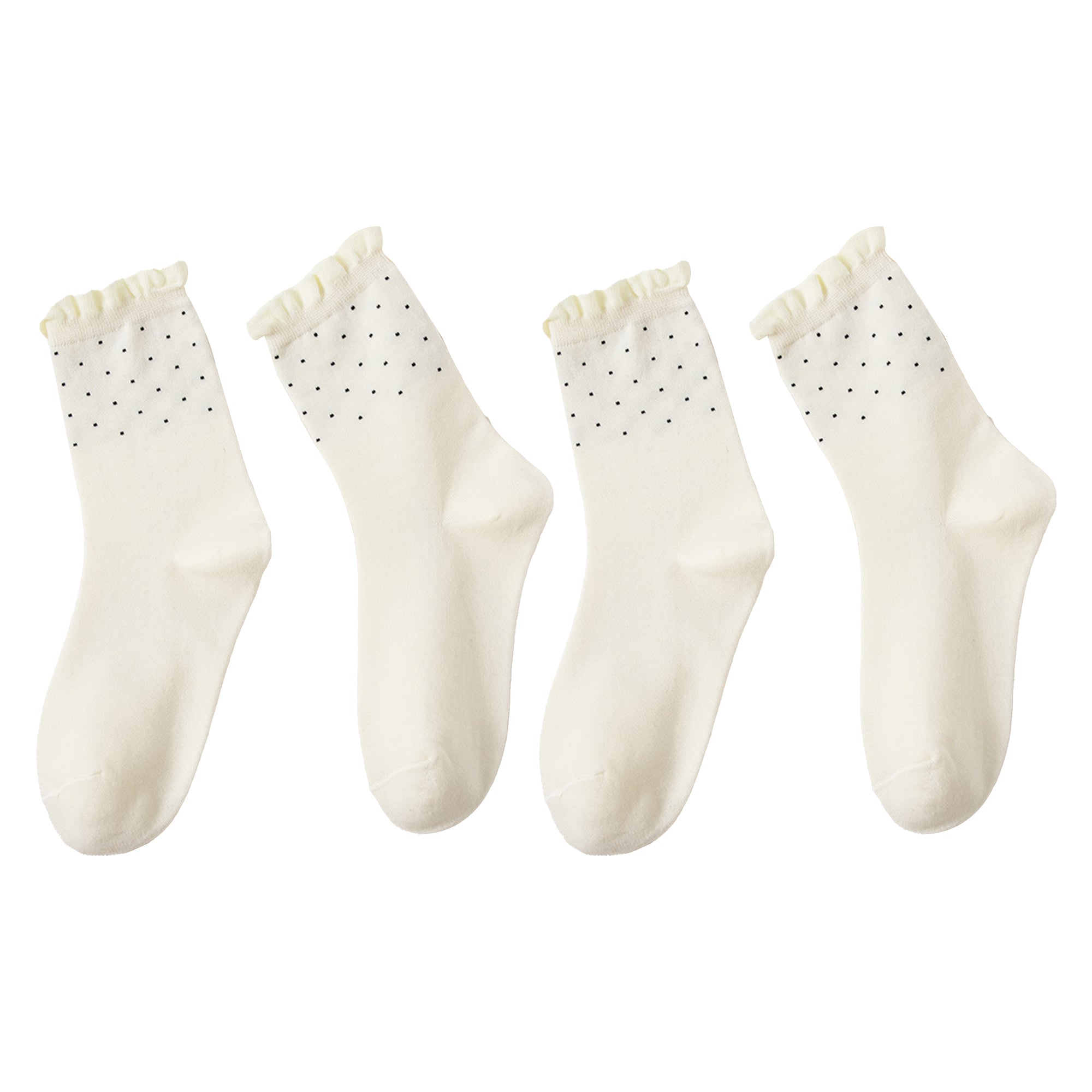 Anna-Kaci Women's 4 Pairs Knit Socks with Polka Dot Design Ruffle Edge Ribbed Cuffs Soft Stretch Fabric