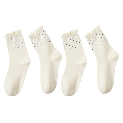 Anna-Kaci Women's 4 Pairs Knit Socks with Polka Dot Design Ruffle Edge Ribbed Cuffs Soft Stretch Fabric