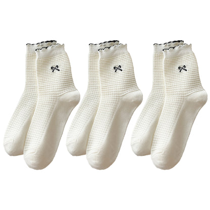 Anna-Kaci Women's 3 Pairs Knit Socks with Waffle Texture Bow Embroidery Ruffled Edge Ribbed Cuffs