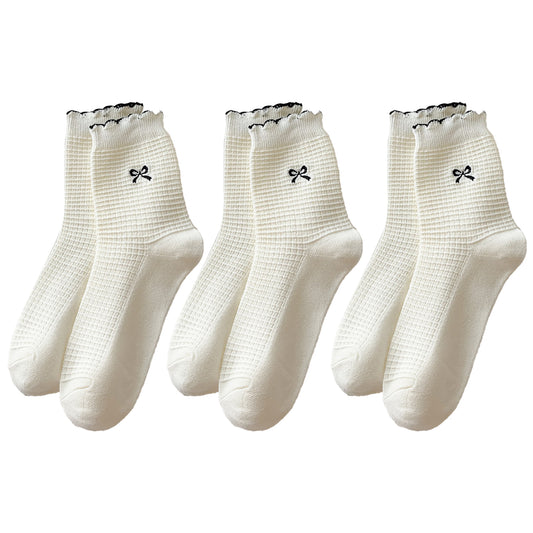 Anna-Kaci Women's 3 Pairs Knit Socks with Waffle Texture Bow Embroidery Ruffled Edge Ribbed Cuffs