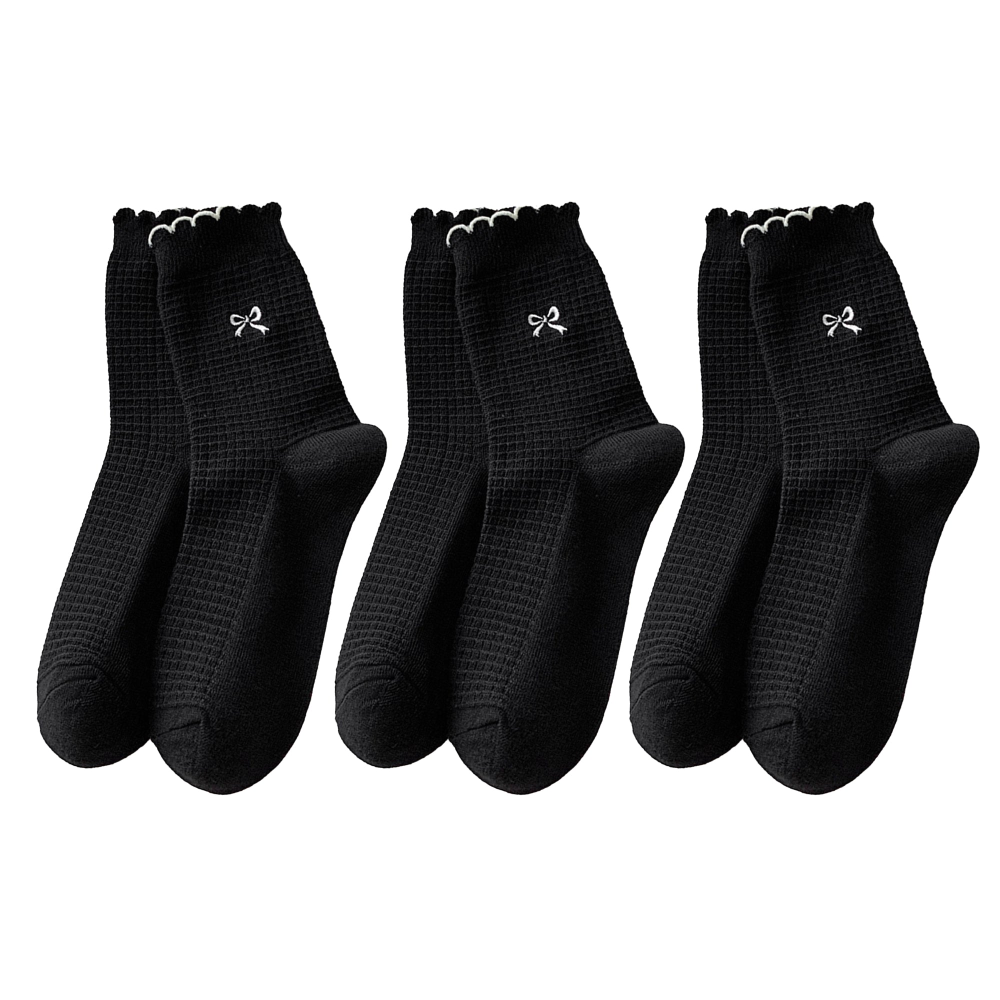 Anna-Kaci Women's 3 Pairs Knit Socks with Waffle Texture Bow Embroidery Ruffled Edge Ribbed Cuffs