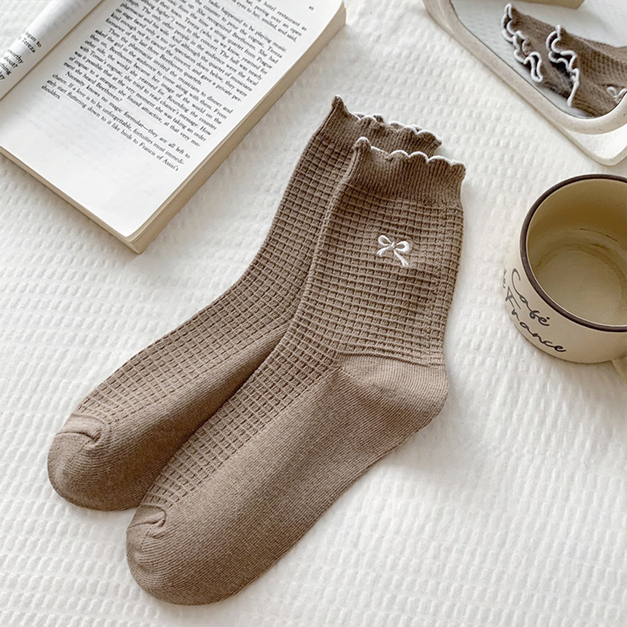 Anna-Kaci Women's 3 Pairs Knit Socks with Waffle Texture Bow Embroidery Ruffled Edge Ribbed Cuffs