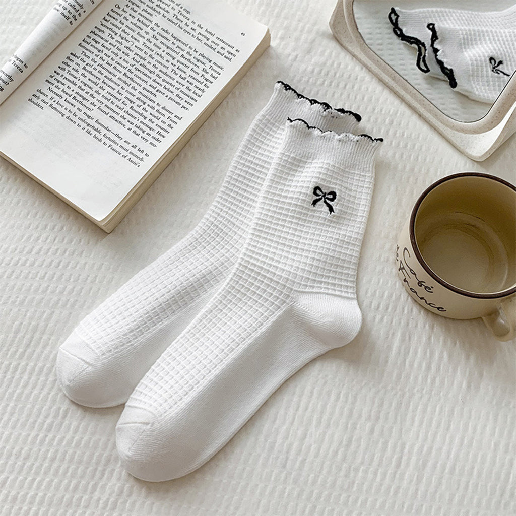 Anna-Kaci Women's 3 Pairs Knit Socks with Waffle Texture Bow Embroidery Ruffled Edge Ribbed Cuffs