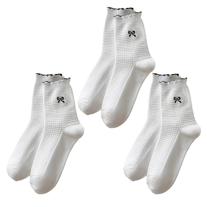 Anna-Kaci Women's 3 Pairs Knit Socks with Waffle Texture Bow Embroidery Ruffled Edge Ribbed Cuffs