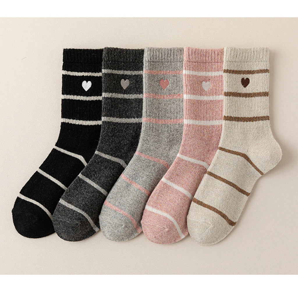 Anna-Kaci Women's 3 Pairs Knit Socks with Striped Pattern Heart Embroidery Ribbed Cuffs Soft Warm Fabric