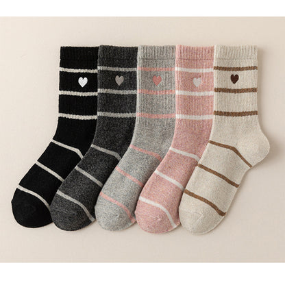 Anna-Kaci Women's 3 Pairs Knit Socks with Striped Pattern Heart Embroidery Ribbed Cuffs Soft Warm Fabric