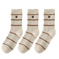 Anna-Kaci Women's 3 Pairs Knit Socks with Striped Pattern Heart Embroidery Ribbed Cuffs Soft Warm Fabric