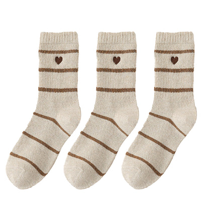 Anna-Kaci Women's 3 Pairs Knit Socks with Striped Pattern Heart Embroidery Ribbed Cuffs Soft Warm Fabric