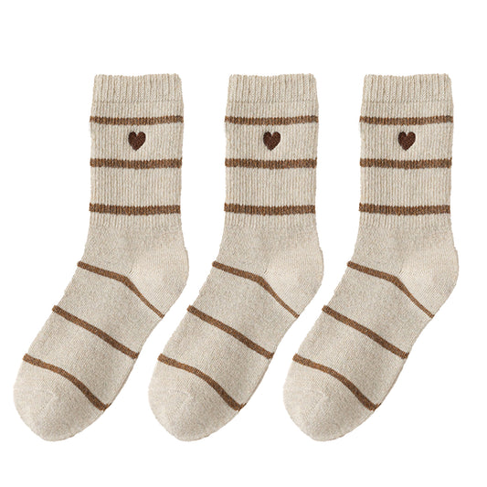 Anna-Kaci Women's 3 Pairs Knit Socks with Striped Pattern Heart Embroidery Ribbed Cuffs Soft Warm Fabric