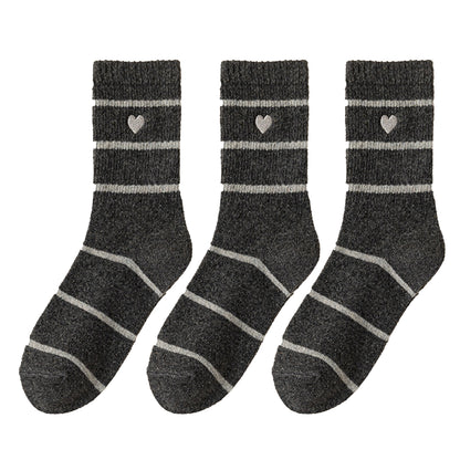 Anna-Kaci Women's 3 Pairs Knit Socks with Striped Pattern Heart Embroidery Ribbed Cuffs Soft Warm Fabric