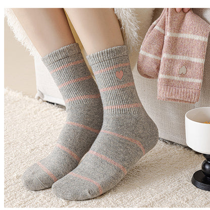 Anna-Kaci Women's 3 Pairs Knit Socks with Striped Pattern Heart Embroidery Ribbed Cuffs Soft Warm Fabric
