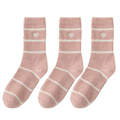 Anna-Kaci Women's 3 Pairs Knit Socks with Striped Pattern Heart Embroidery Ribbed Cuffs Soft Warm Fabric